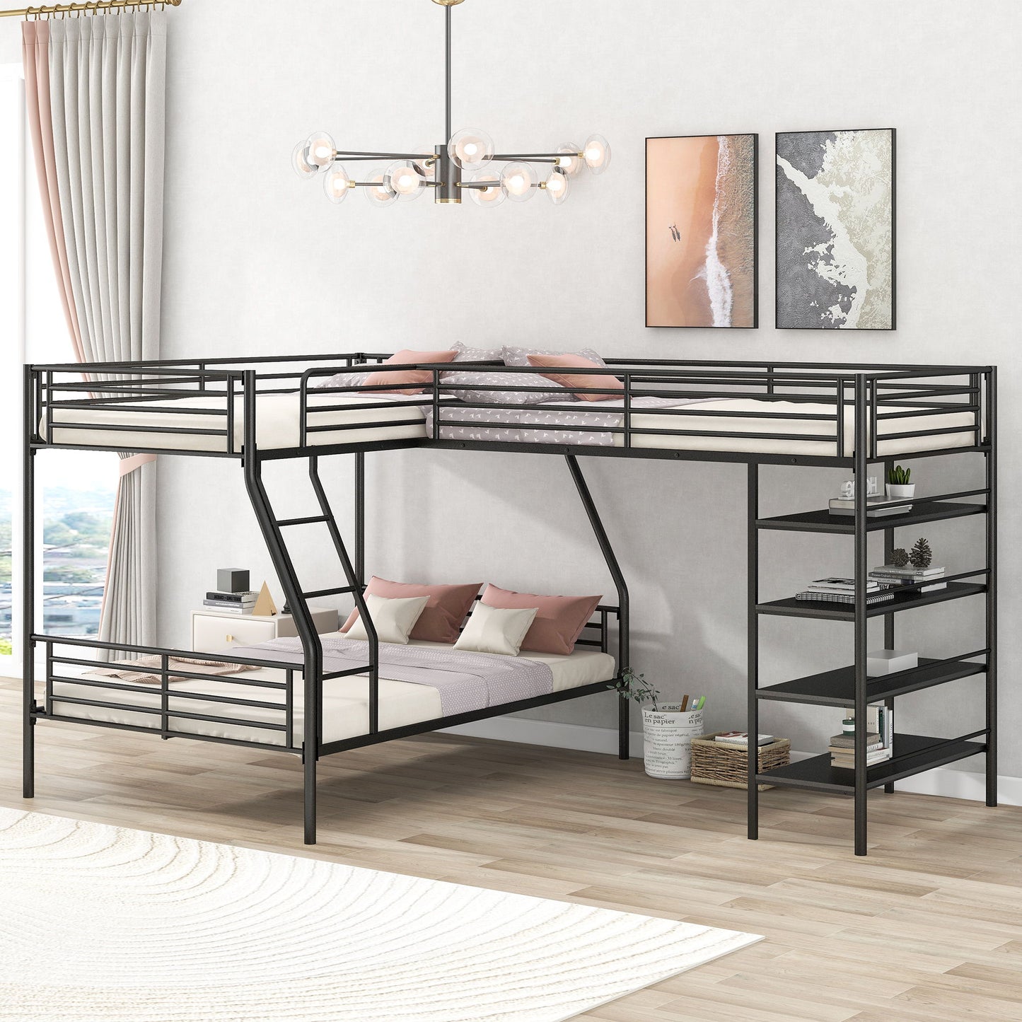 L-Shaped Twin Over Full Bunk Bed And Twin Loft Bed With 4 Built In Shelves - Black