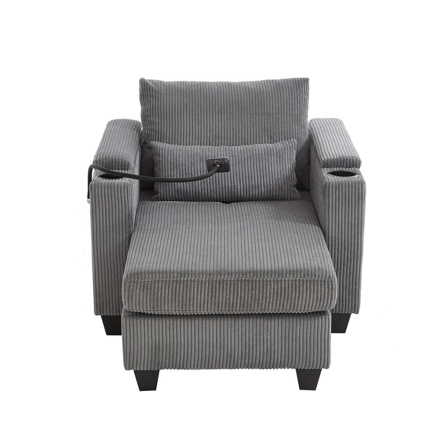 Convertible Chaise Lounge Sofa Chair With USB Ports, Cup Holders, Phone Holder And Storage