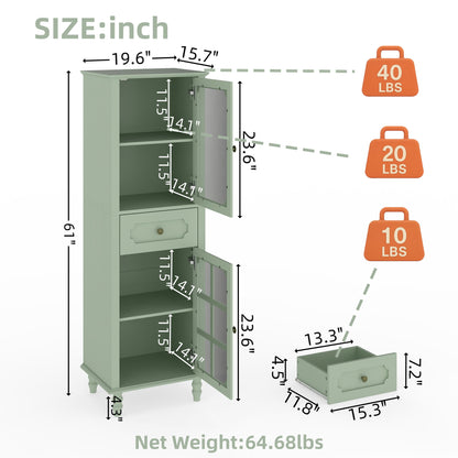 Curio Cabinet, Freestanding Vintage Display Storage Cabinet, Adjustable Shelves - Green