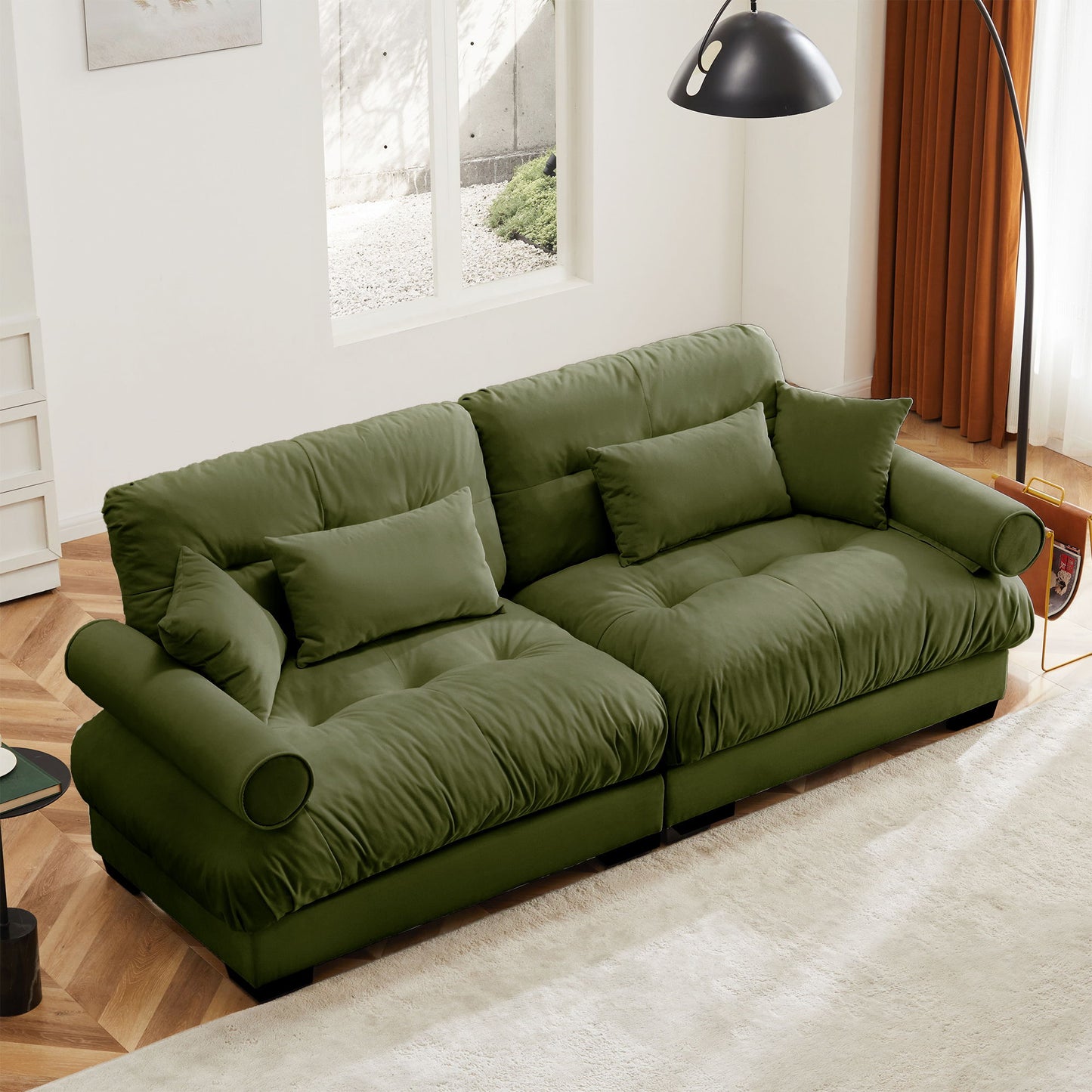 Modern Velvet Sofa With Bolstered Armrests And Pillows