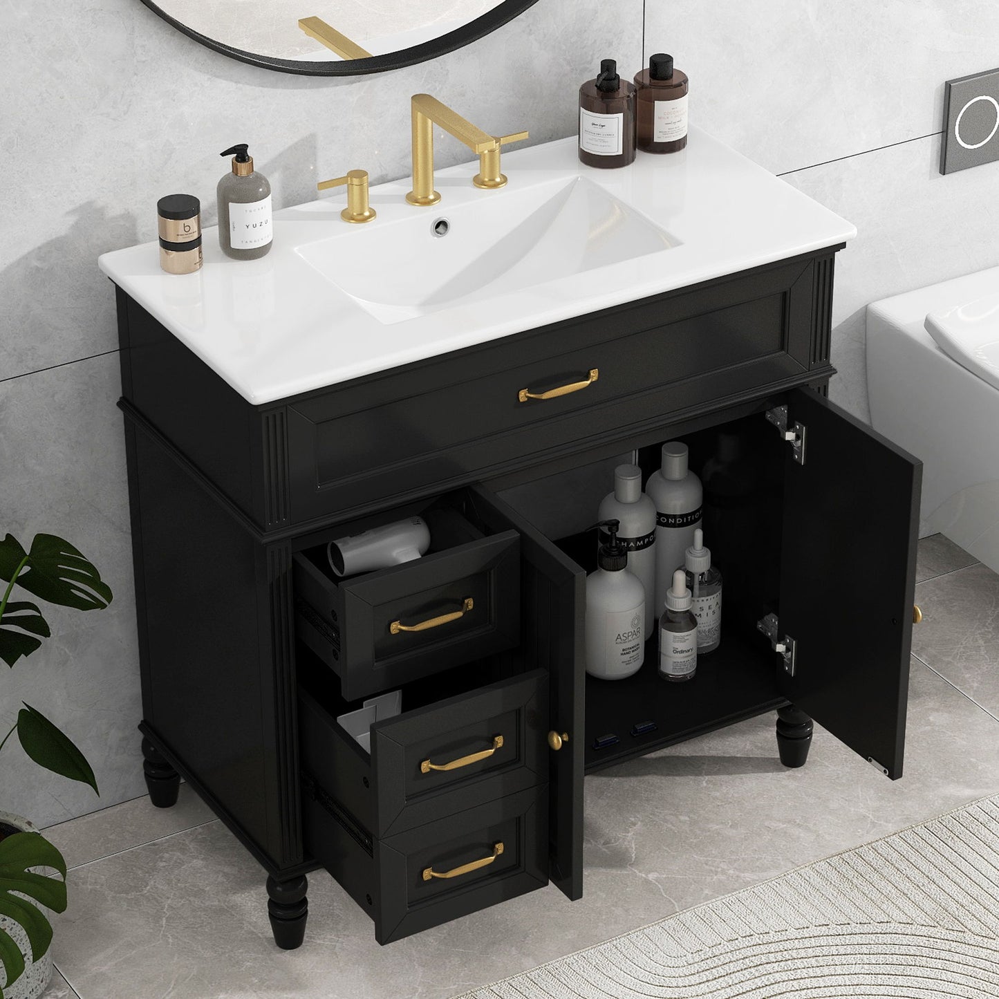 36" Bathroom Vanity With Sink, Freestanding Cabinet With Drawers, 2 Package - Black